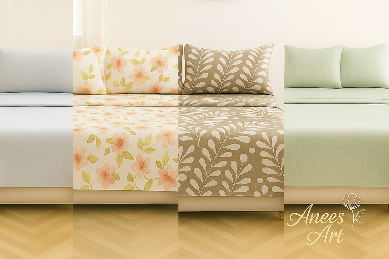 Bed with floral and leaf-patterned bedding on a wooden floor, featuring the brand 'Anees Art'.